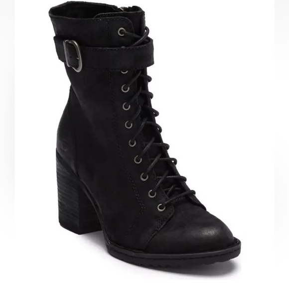 BORN New no Box Cass Buckle Lace-Up/Zip Block Heel Boot 6 Black Distressed Suede